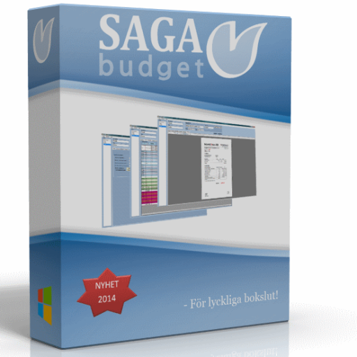 En förpackning för SAGA budget . På förpackningen syns logotyp samt rapporter från SAGA budget.